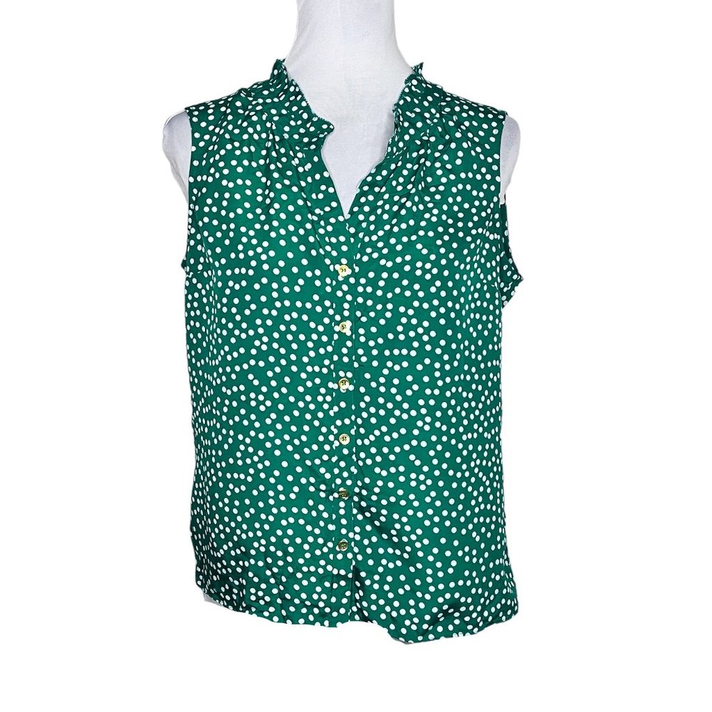 Jones New York Green Sleeveless Button Down Blouse with White Polka Dots Size 8P